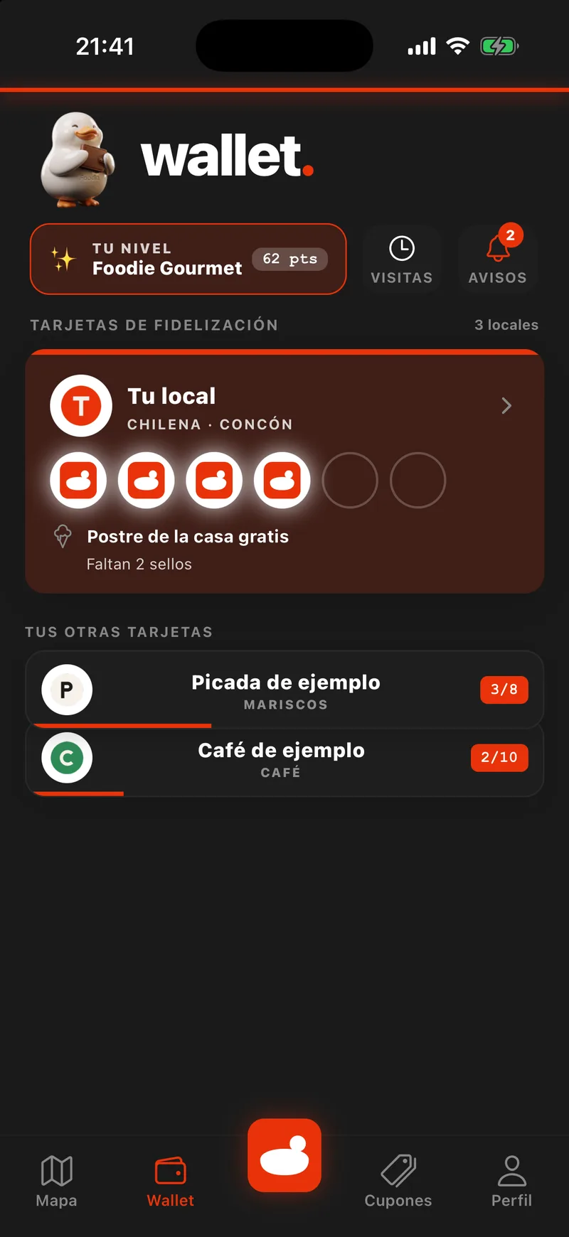 La pantalla Wallet de la app de foodia, con datos de ejemplo: la tarjeta de sellos de Tu local lleva 4 de sus 6 sellos, con el premio, «Postre de la casa gratis», y «Faltan 2 sellos». Debajo, las tarjetas de otros dos locales de ejemplo.