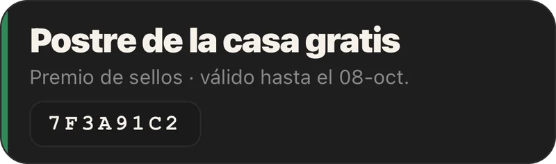 El cupón del premio en la app de foodia, con datos de ejemplo: Postre de la casa gratis, premio de sellos válido hasta el 8 de octubre, con el código que se muestra en la caja.