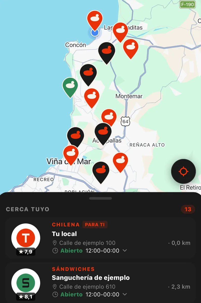 El mapa de la app de foodia, con datos de ejemplo: trece locales aparecen como pines entre Concón y Viña del Mar, y abajo, en «Cerca tuyo», Tu local sale primero, con su logo y un 7,9, y después la Sanguchería de ejemplo.